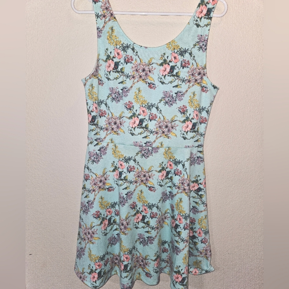 H&M Divided Flared Skater Mini Dress Size 14 Teal/Aqua Floral Print